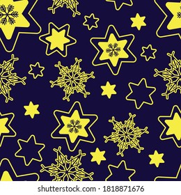 Año Nuevo y Navidad son patrones sin fisuras. Estrellas y copos de nieve en un estilo tradicional de color dorado sobre un fondo oscuro. Decoración festiva. Ilustración vectorial.