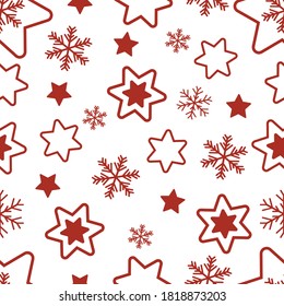 New Year and Christmas seamless pattern. Stars and snowflakes in traditional style with no background. Festive decor element. Vector illustration.