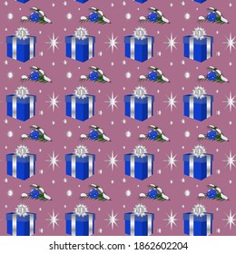 New Year and Christmas seamless pattern with gift box and decorated branch