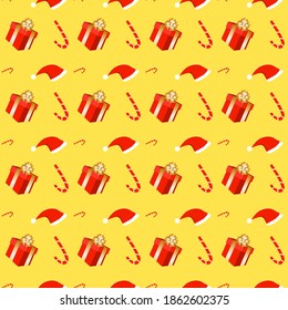 New Year and Christmas seamless pattern with gift box and Santa’s hat