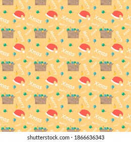 New Year and Christmas seamless pattern with box and Santa’s hat