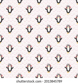 Año Nuevo y Navidad, patrón sin fisuras con pingüinos, doodles dibujados a mano Patrón sin costura. Ilustración vectorial de fondo.
