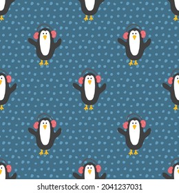Año Nuevo y Navidad, patrón sin fisuras con pingüinos, doodles dibujados a mano Patrón sin costura. Ilustración vectorial de fondo.