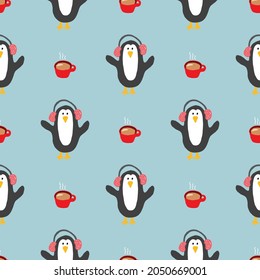 New Year and Christmas seamless pattern with penguins, hand drawn doodles Seamless Pattern. Background Vector Illustration.