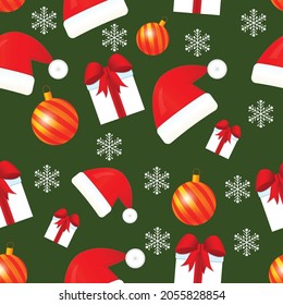 New Year and Christmas seamless pattern. Hats, gifts, balls and snowflakes on a green background.