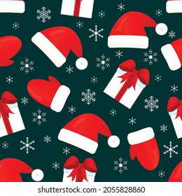 New Year and Christmas seamless pattern. Hats, gifts, mittens and snowflakes on a dark blue background.