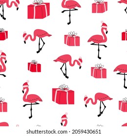 new year Christmas seamless pattern with flamingos and gifts. Flat cartoon pink red flamingo. Stock vector illustration on a white background.