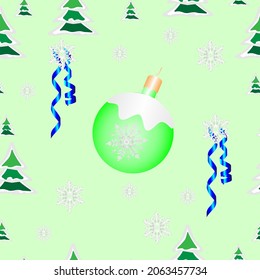 New Year and Christmas seamless pattern, wallpaper, with Christmas balls, serpentine and winter trees on a salad background
