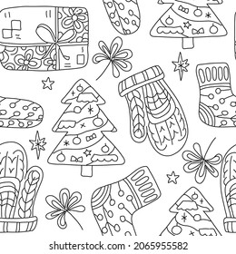 New Year, Christmas seamless pattern. Hand drawing coloring page for kids and adults. Winter Holidays. Beautiful drawing with patterns and small details. Coloring anti stress pictures, mandala