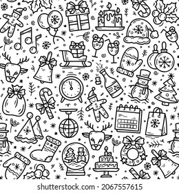 Silvester und Weihnachten nahtlose Muster im Doodle-Sketch-Stil mit schwarzen Vektorsymbol. Festliche Wintersymbole zum Bedrucken auf Stoff oder Geschenkpapier.