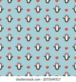 New Year and Christmas seamless pattern with penguins, hand drawn doodles Seamless Pattern. Background Vector Illustration.