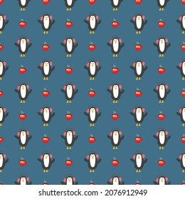 Año Nuevo y Navidad, patrón sin fisuras con pingüinos, doodles dibujados a mano Patrón sin costura. Ilustración vectorial de fondo.