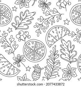 New Year, Christmas seamless pattern. Hand drawing coloring page for kids and adults. Winter Holidays. Beautiful drawing with patterns and small details. Coloring anti stress pictures, mandala