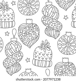 New Year, Christmas seamless pattern. Hand drawing coloring page for kids and adults. Winter Holidays. Beautiful drawing with small details. Coloring mandala. Christmas tree decoration balls ornaments