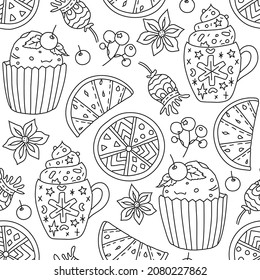 New Year, Christmas seamless pattern. Hand drawing coloring page for kids and adults. Winter Holidays. Beautiful drawing with patterns and small details. Coloring anti stress pictures, mandala