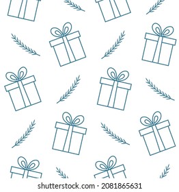 Año nuevo y Navidad sin fisuras. Cajas de regalo y árboles de navidad en forma de doodle sobre fondo blanco. Ilustración vectorial en el estilo de esbozo dibujado a mano.