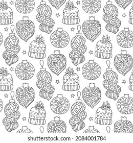 New Year, Christmas seamless pattern. Hand drawing coloring page for kids and adults. Winter Holidays. Beautiful drawing with small details. Coloring mandala. Christmas tree decoration balls ornaments