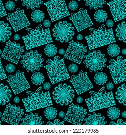 New year and Christmas seamless pattern with snowflake, gift box, stocking. Abstract holidays ornament. Repeating print background texture. Fabric design. Wallpaper 