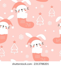 New year or Christmas seamless pattern with bunny rabbit cartoons, red socks, Christmas tree and snowflakes on pink winter background vector illustration. Cute childish print.