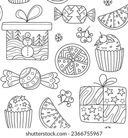 New Year, Christmas seamless pattern. Hand drawing coloring page for kids and adults. Winter Holidays. Beautiful drawing with patterns and small details. Coloring anti stress pictures, mandala