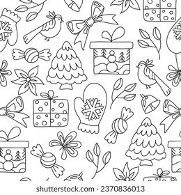 New Year, Christmas seamless pattern. Hand drawing coloring page for kids and adults. Winter Holidays. Beautiful drawing with patterns and small details. Coloring anti stress pictures, mandala