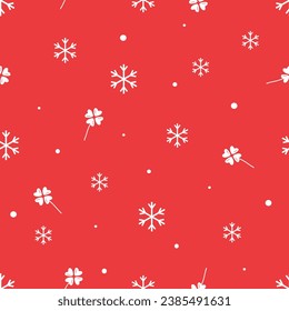 New year or Christmas seamless pattern with snowflakes and clover leaf on red background vector illustration. 
