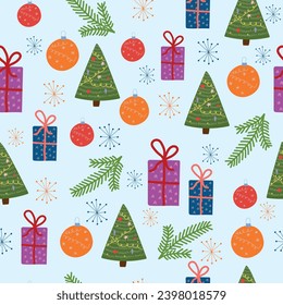 New Year and Christmas seamless pattern with festive winter elements. Vector.
