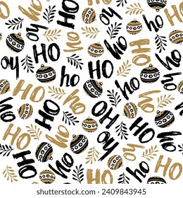 New Year and Christmas seamless pattern, with Ho Ho Ho hand drawn letters, vector Illustration Background.