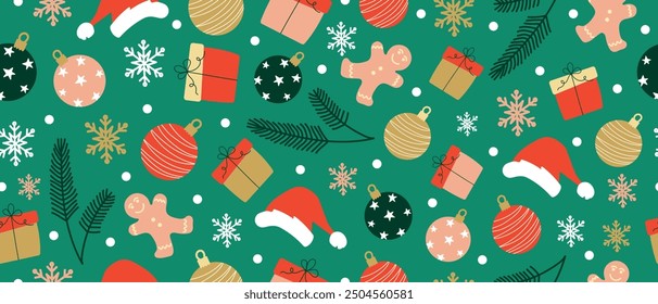 New Year or Christmas seamless pattern on green background. Stunning Christmas elements wallpaper texture, gift wrapping paper, poster banner mockup or card template.