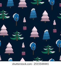 new year and christmas seamless pattern. snowy trees on dark background