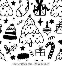 New Year and Christmas seamless pattern with tree, socks, and present. Happy holidays. Winter doodle  simple pattern. Endless background for textile, paper, decor