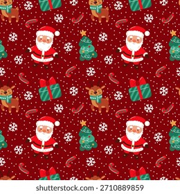 Nuevo año y Navidades sin patrón. Papá Noel y renos, árbol de Navidad y copos de nieve sobre un fondo rojo. Diseño para papel de embalaje, embalaje y textiles. Ilustración vectorial.