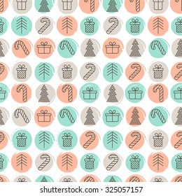 New Year, Christmas seamless pattern. Linear icons of gift, tree, candy on watercolor background. Design for winter holidays, flyer, invitation, fashion print, greeting cards, package and wrapping. 