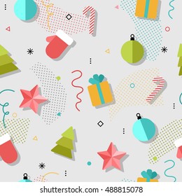New year and Christmas seamless pattern with gift, noel, star, ball, confetti. Bright flat colors design.
