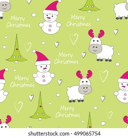 New Year and Christmas seamless pattern with doodle reindeer and snowmen.