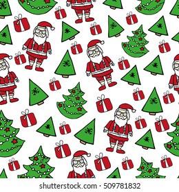 New Year and Christmas seamless pattern with santa and Christmas trees. Hand drawn elements. Doodle. Red and green colours