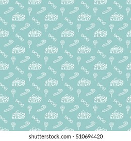 New Year and Christmas seamless pattern. Christmas festive presents. Hand Drawn Doodle Gift boxes and Sweets. Vector Xmas background. Holiday wallpaper