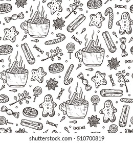 New Year and Christmas seamless pattern. Hand Drawn Doodle Mulled wine with spices and Christmas gingerbread cookies. Warm wine. Holiday wallpaper. Vector Xmas background. 