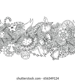 New Year and Christmas seamless pattern for coloring book, for adult and children, for print. Pattern for coloring book. hand drawn vector eps 8