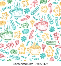 New Year and Christmas seamless pattern. Hand Drawn Doodle Mulled wine with spices and Christmas gingerbread cookies. Warm wine. Holiday wallpaper. Vector Xmas background.