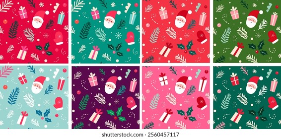 New Year and Christmas seamless patterns with holiday symbols and elements. Christmas and New Year vector backgrounds