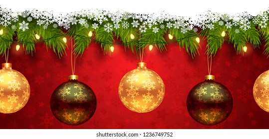 New Year Christmas seamless template, used for a banner, poster, red background, snowflakes, branches on top, bright Christmas lights, golden and black balls, vector illustration, realistic 3d
