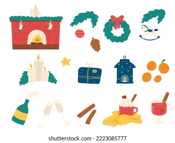 New year and christmas set with cozy decoration and attributes. Various elements of winter holidays time on white background