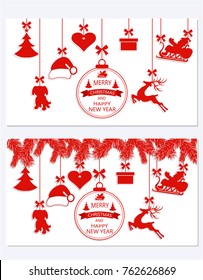 New Year Christmas. Set different hanging ornaments Santa hat, deer, heart, gift, dog and Christmas tree isolated on white. Congratulatory inscription. Vector illustration