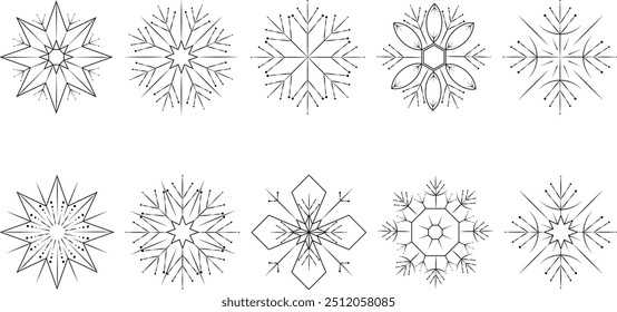 New Year and Christmas set. Elegant snowflakes vector icons. Winter snowflake line icons. 2025 year. Web collection, postcard, banner, card, letter.