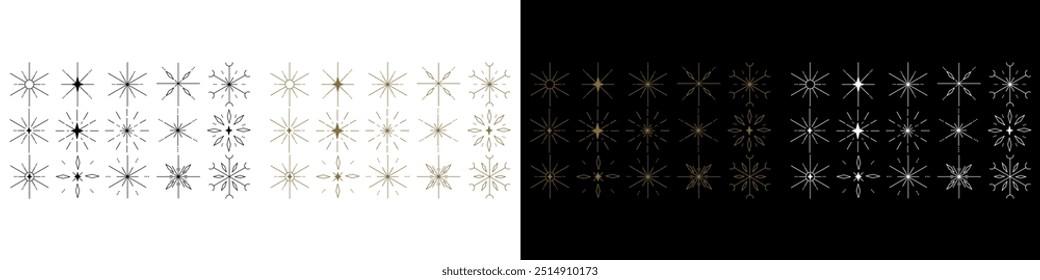 New Year and Christmas set. Elegant snowflakes vector icons. Golden, white snowflakes on dark background and golden, black on white background. Winter snowflake line icons. 2025 year. 