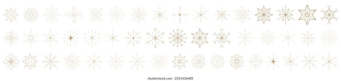 Año Nuevo y conjunto de Navidades. Elegantes copos de nieve iconos vectoriales. Copos de nieve dorados sobre fondo blanco. Iconos de línea de copo de nieve de invierno. Año 2025. 