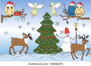 New Year and Christmas set with fairy and cute ornamented birds, xmas tree, deers, snowman, angels, present box, and snow. Elements for your design. 