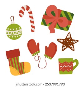 New Year and Christmas set. Gift, sock, toy, gloves, etc