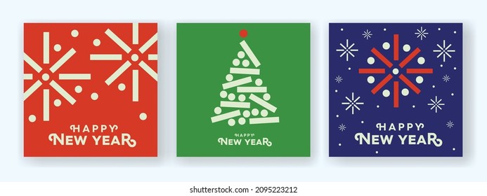 New Year Christmas Set of greeting cards, posters, holiday covers. Geometric Xmas design with stylized Christmas Tree made of geometric shapes and snowflakes. Happy new year.

